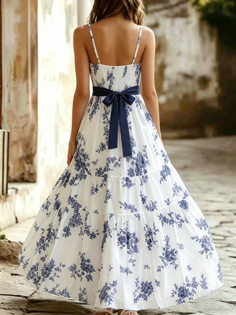 Multicolor Boho Women's Elegant Floral Sleeveless V-Neck Dress with Bowknot Back - Picture 2 of 6